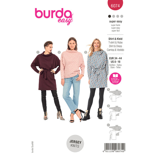 BURDA Top, Dress – With Loose Roll Neck Collar Sewing Pattern 6074