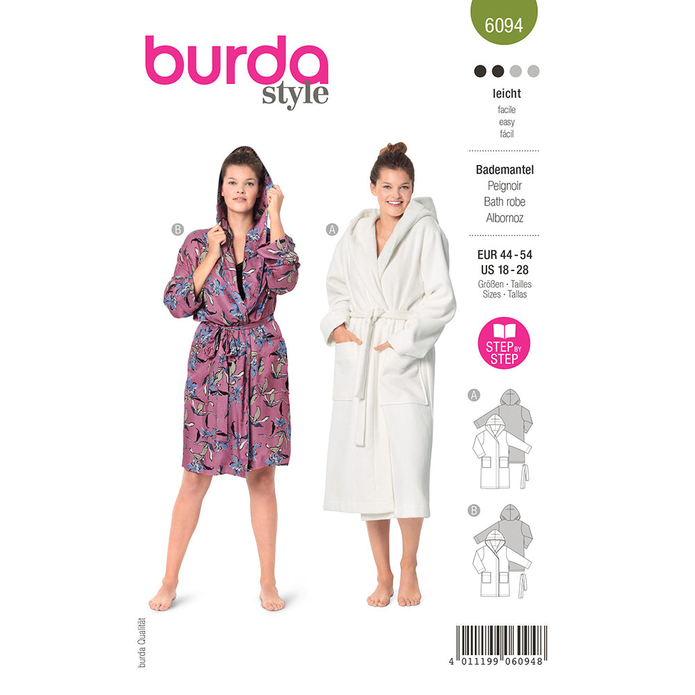 BURDA 6094 Bathrobe with Hood and Patch Pockets Sewing Pattern