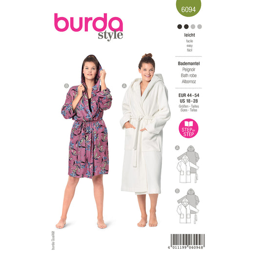 BURDA 6094 Bathrobe with Hood and Patch Pockets Sewing Pattern