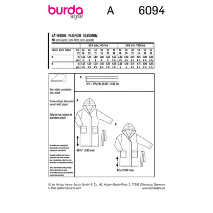 BURDA 6094 Bathrobe with Hood and Patch Pockets Sewing Pattern