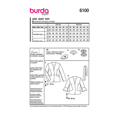 BURDA 6100 Misses' Lined Jacket with Integral Collar Sewing Pattern