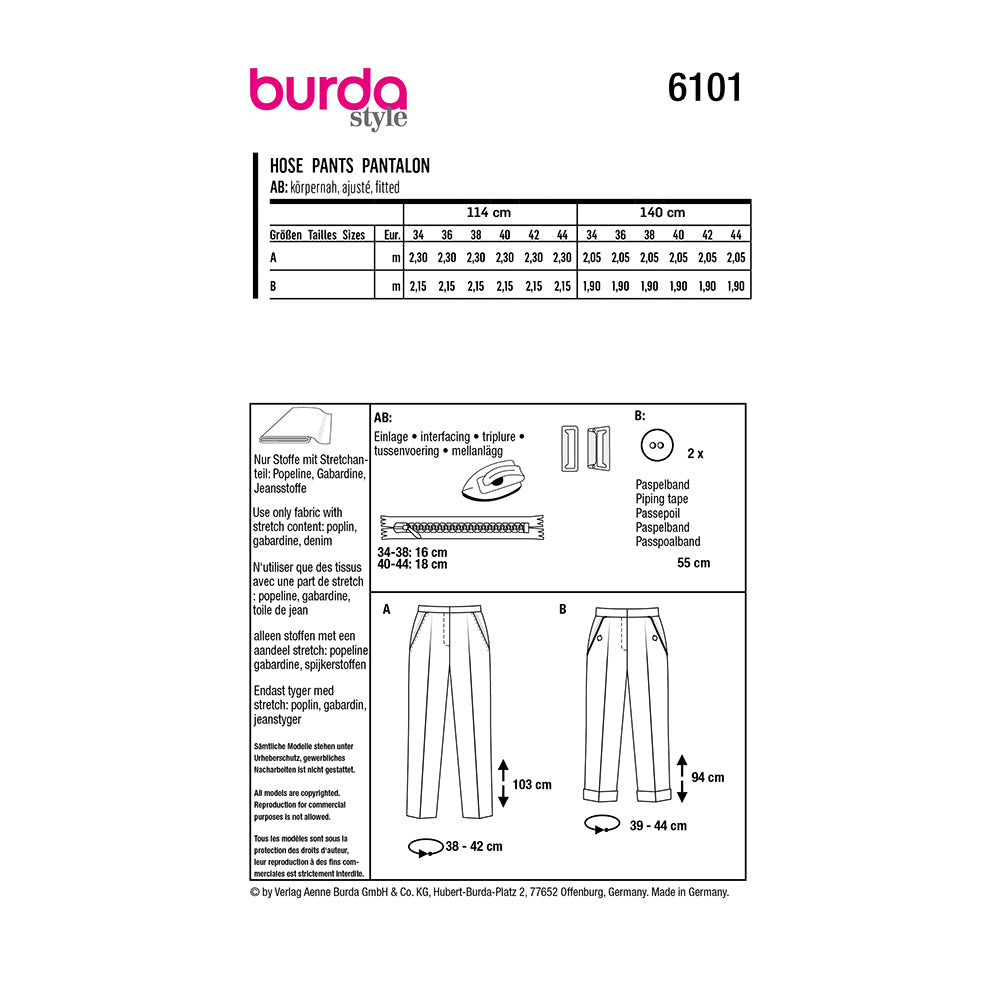BURDA 6101 Tailored Stretch Trousers with Pressed Creases Sewing Pattern