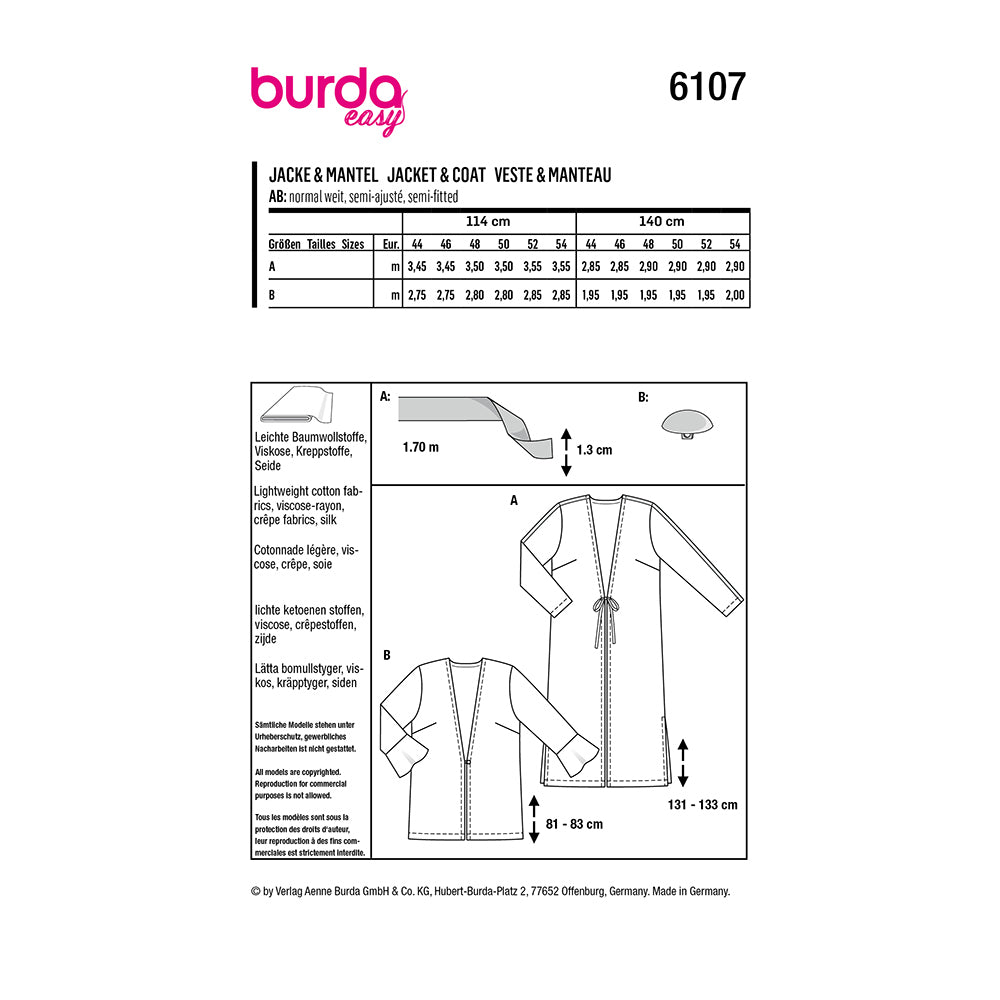 BURDA 6107 Blouson Jacket & Coat with Tie or Flounce Options Sewing Pattern
