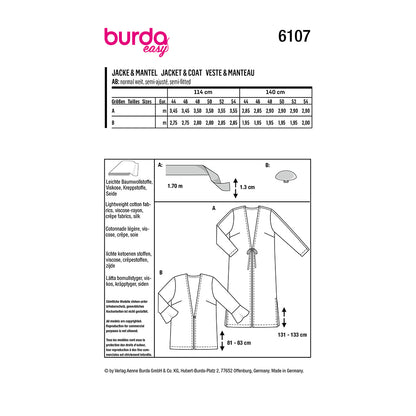 BURDA 6107 Blouson Jacket & Coat with Tie or Flounce Options Sewing Pattern