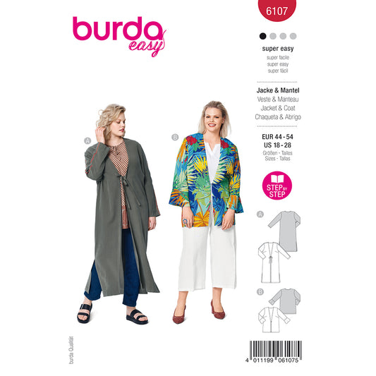 BURDA 6107 Blouson Jacket & Coat with Tie or Flounce Options Sewing Pattern