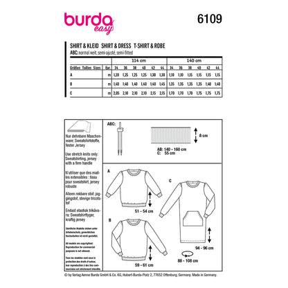 BURDA 6109 Sweatshirt or Dress with Gathered Sleeves Sewing Pattern