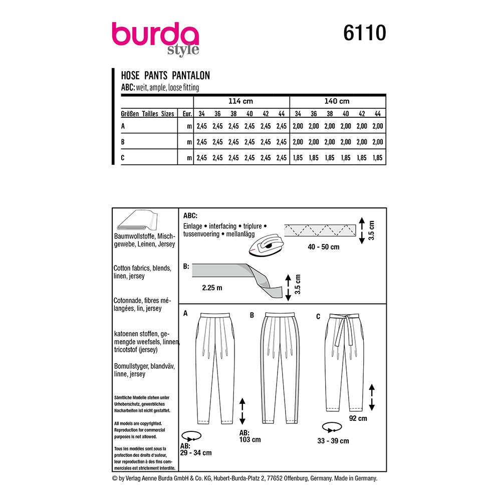 BURDA 6110 Pleated Trousers with Tapered Leg Options Sewing Pattern