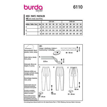 BURDA 6110 Pleated Trousers with Tapered Leg Options Sewing Pattern