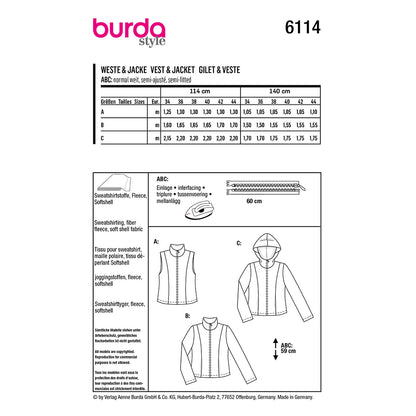 BURDA 6114 Vest or Jacket with Stand Collar or Hood Sewing Pattern