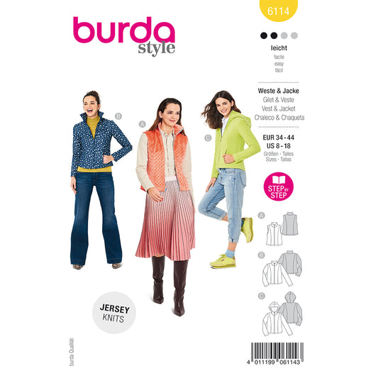 BURDA 6114 Vest or Jacket with Stand Collar or Hood Sewing Pattern