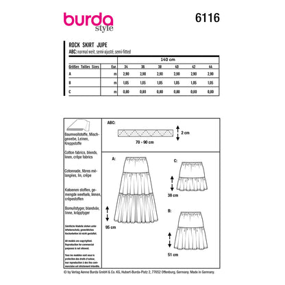 BURDA 6116 Tiered Skirt with Elastic Waist in Two Lengths Sewing Pattern