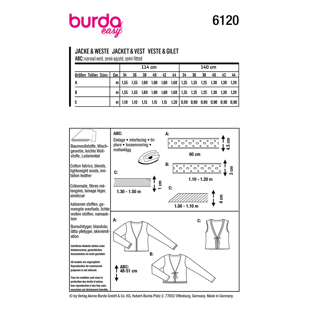 BURDA 6120 Cropped Jacket & Tie-Front Vest Sewing Pattern