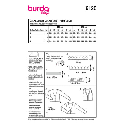 BURDA 6120 Cropped Jacket & Tie-Front Vest Sewing Pattern