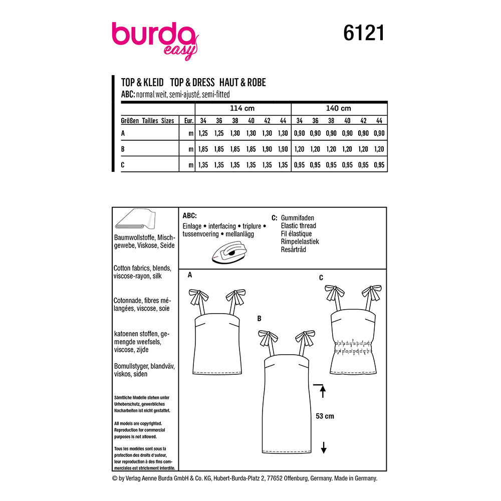 BURDA 6121 Summer Top & Strap Dress with Shoulder Ties Sewing Pattern