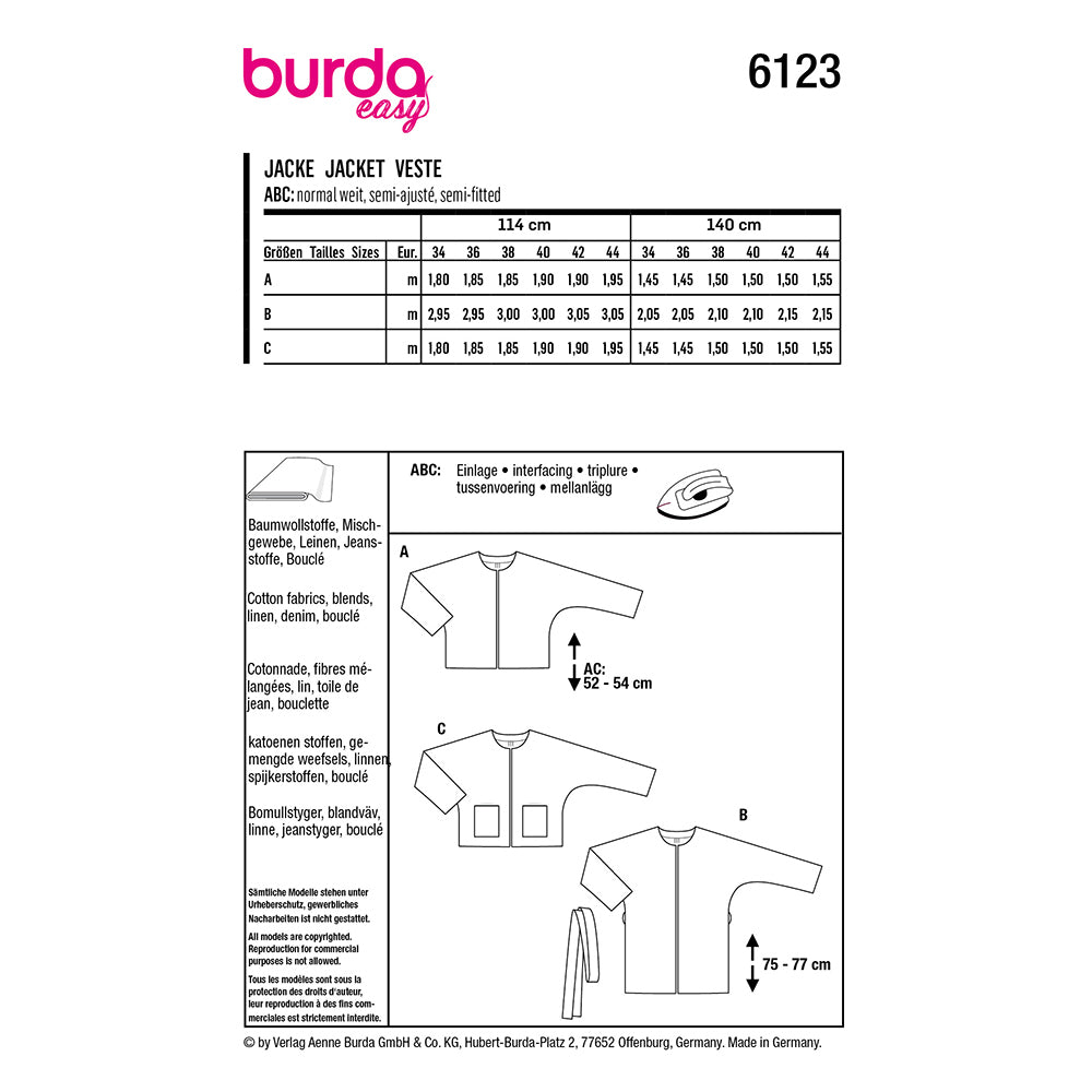 BURDA 6123 Collarless Jacket with Integral Sleeves Sewing Pattern