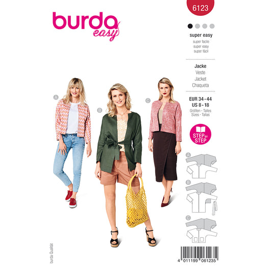 BURDA 6123 Collarless Jacket with Integral Sleeves Sewing Pattern