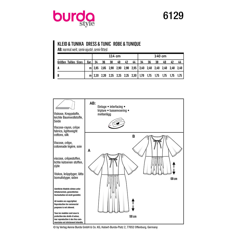 BURDA 6129 Tunic Top or Dress with Pleated Skirt Panels Sewing Pattern