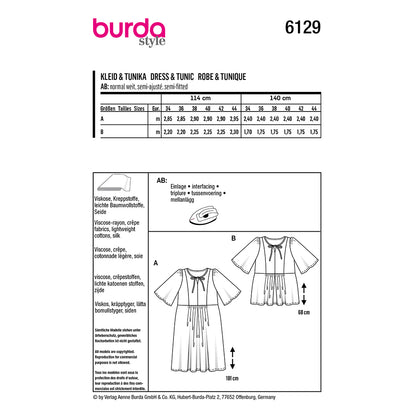BURDA 6129 Tunic Top or Dress with Pleated Skirt Panels Sewing Pattern