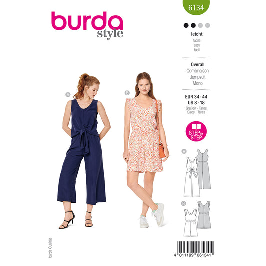 BURDA 6134 Sleeveless Jumpsuit with Tie-Shoulder Options Sewing Pattern