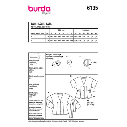 BURDA 6135 V-Neck Blouse with Tie Belt or Tab Details Sewing Pattern