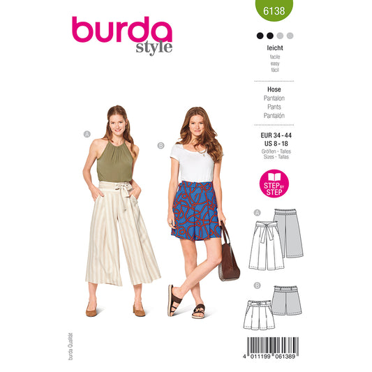 BURDA 6138 High-Waisted Culottes or Shorts with Pleats Sewing Pattern