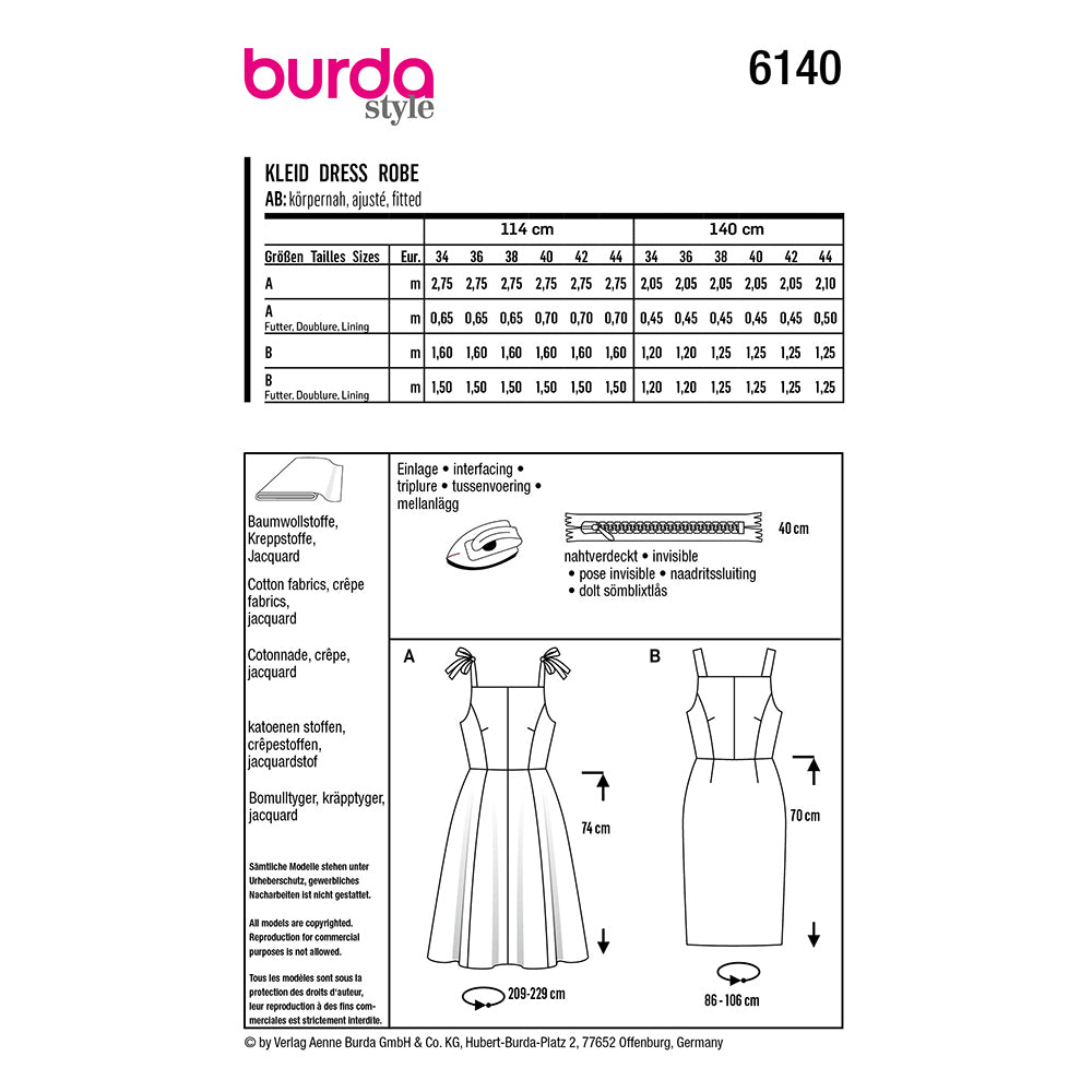 BURDA 6140 Sundress with Midi or Italian-Length Skirt Options Sewing Pattern