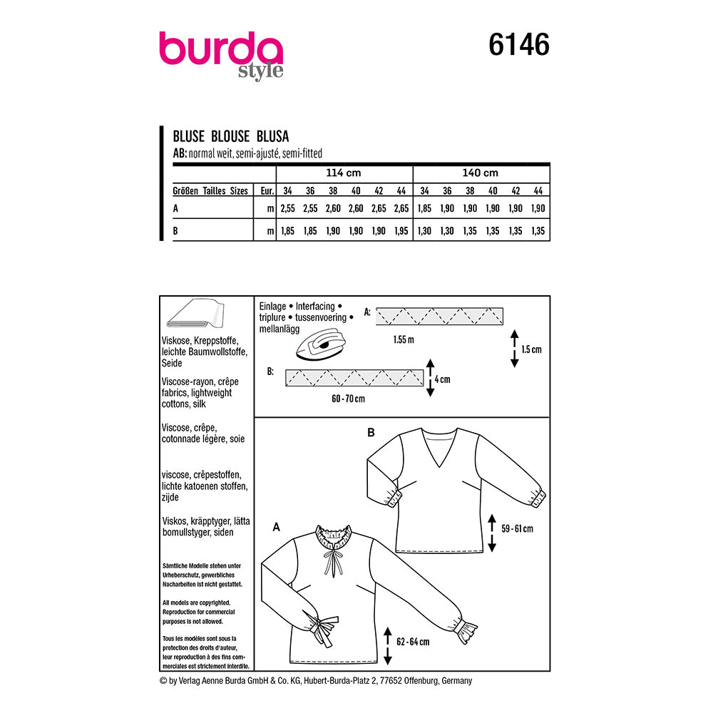 BURDA Sewing Pattern Blouse Frill or V‑Neck 6146 Paper Pattern