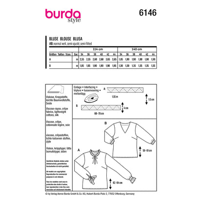 BURDA Sewing Pattern Blouse Frill or V‑Neck 6146 Paper Pattern