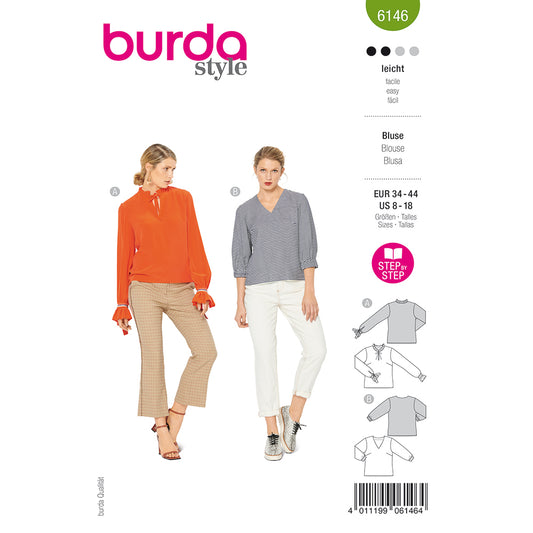 BURDA Sewing Pattern Blouse Frill or V‑Neck 6146 Paper Pattern
