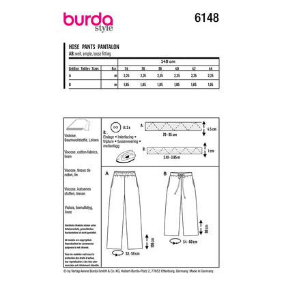 BURDA Sewing Pattern Trousers Relaxed Fit 6148 Paper Pattern