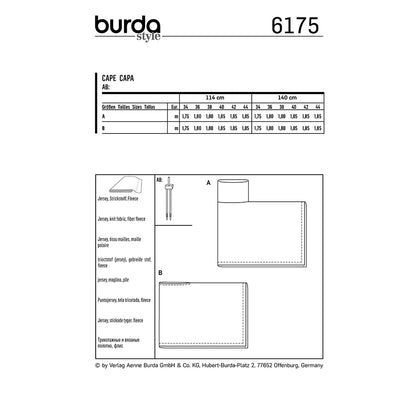 BURDA Sewing Pattern Cape/Poncho Collar Option 6175 Paper Pattern