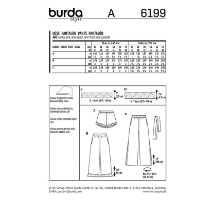 BURDA Sewing Pattern Pull‑On Trousers & Shorts 6199 Paper Pattern