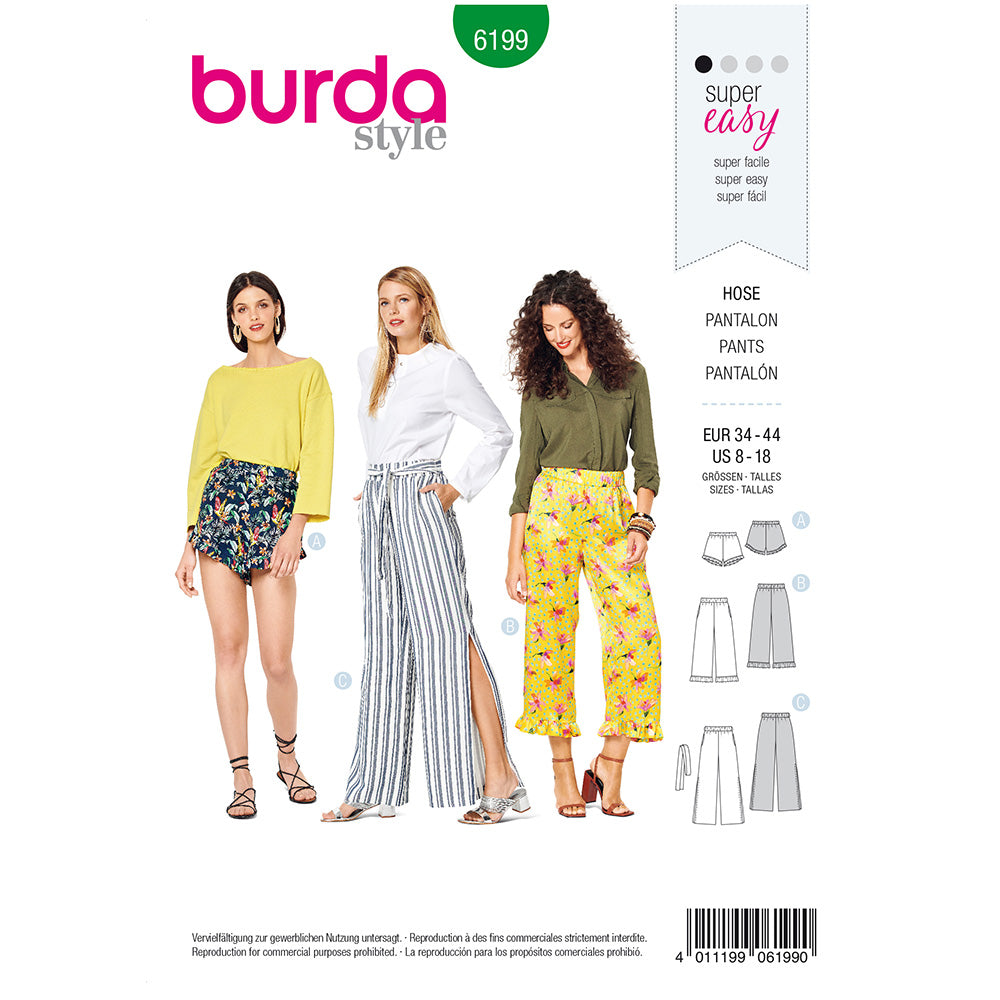 BURDA Sewing Pattern Pull‑On Trousers & Shorts 6199 Paper Pattern