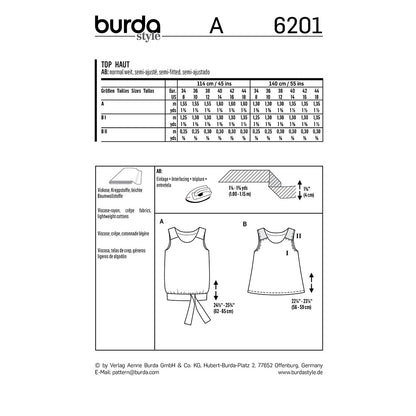 BURDA Sewing Pattern Summer Tops Hem Variations 6201 Paper Pattern