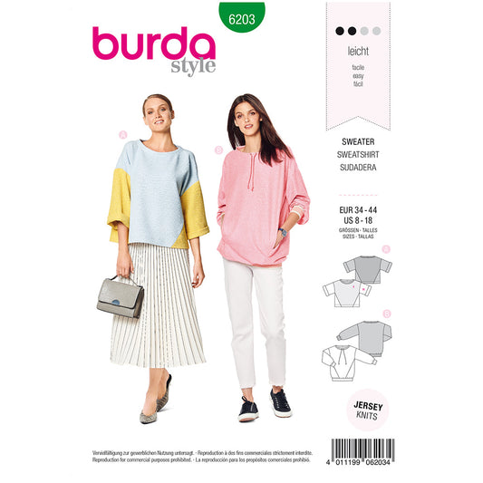BURDA Sewing Pattern Sweatshirt Style Variations 6203 Paper Pattern