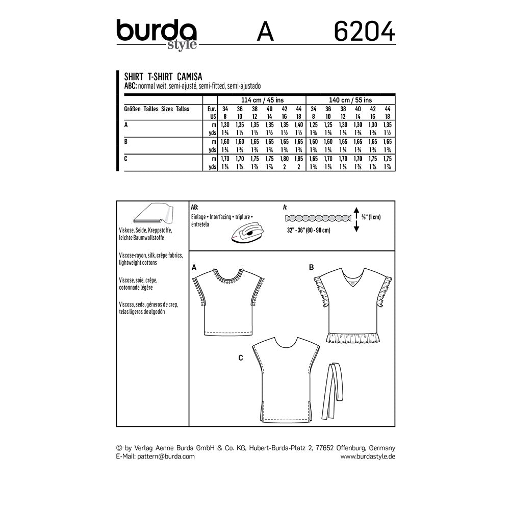 BURDA Sewing Pattern Pull‑On Tops Trim Variations 6204 Paper Pattern