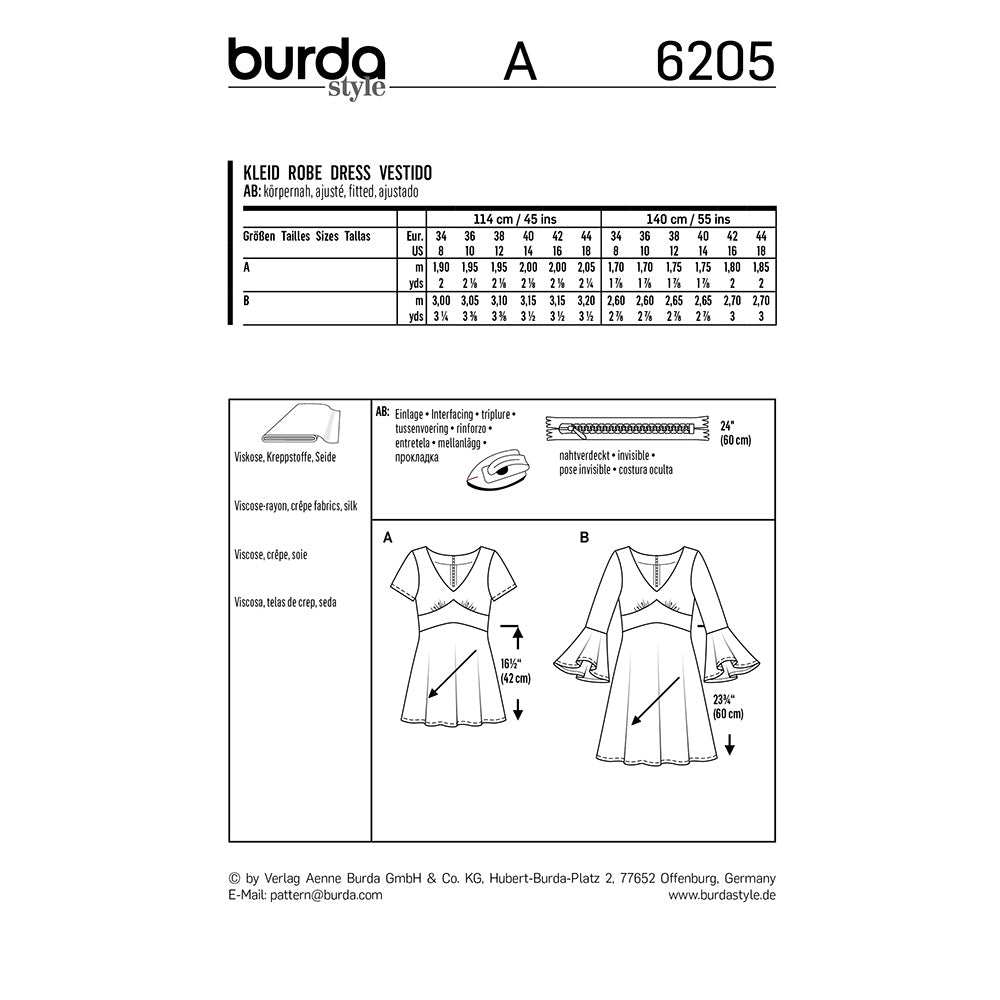 BURDA Sewing Pattern Empire‑Waist Dress V‑Neck 6205 Paper Pattern