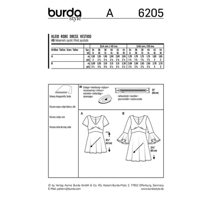 BURDA Sewing Pattern Empire‑Waist Dress V‑Neck 6205 Paper Pattern