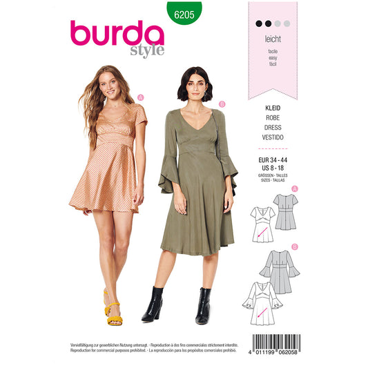 BURDA Sewing Pattern Empire‑Waist Dress V‑Neck 6205 Paper Pattern