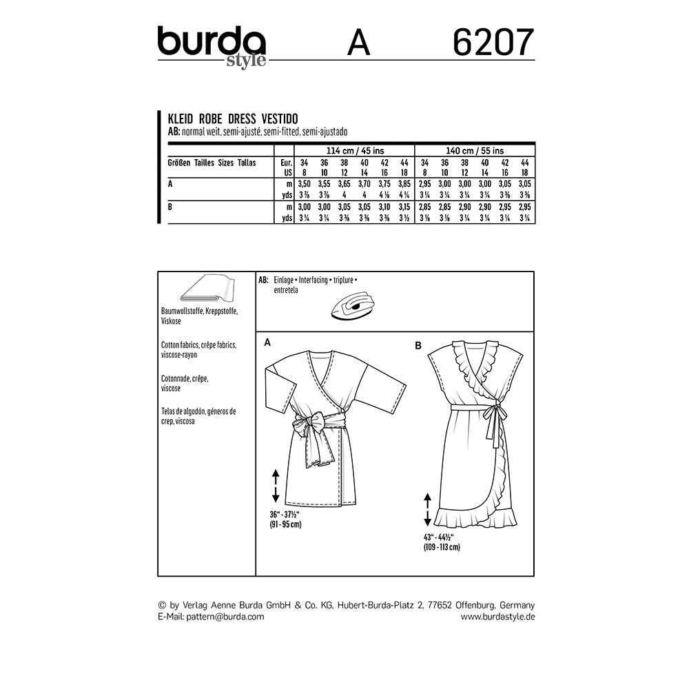 BURDA Sewing Pattern Wrap Dress Tie Bands 6207 Paper Pattern