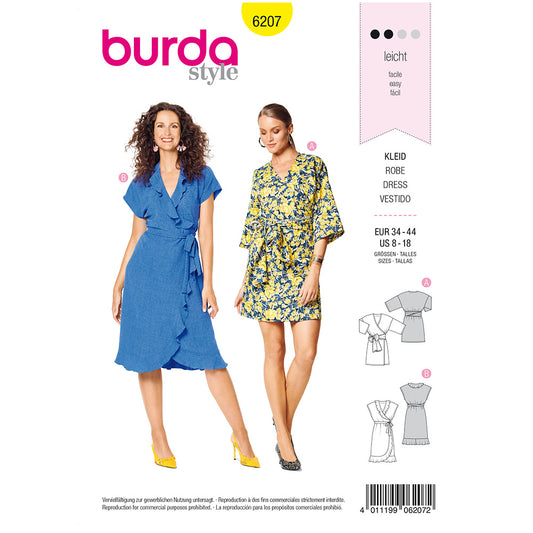 BURDA Sewing Pattern Wrap Dress Tie Bands 6207 Paper Pattern