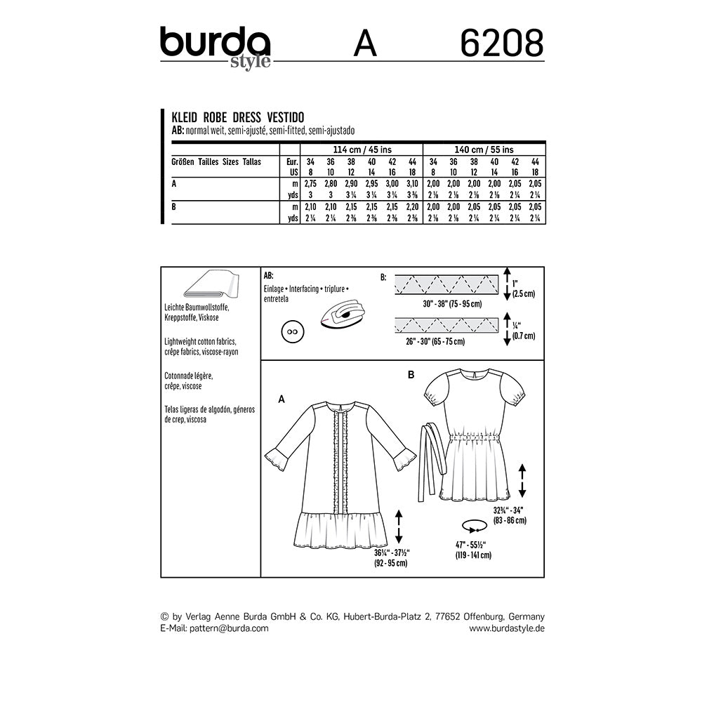 BURDA Sewing Pattern Casual Pull‑On Dress 6208 Paper Pattern