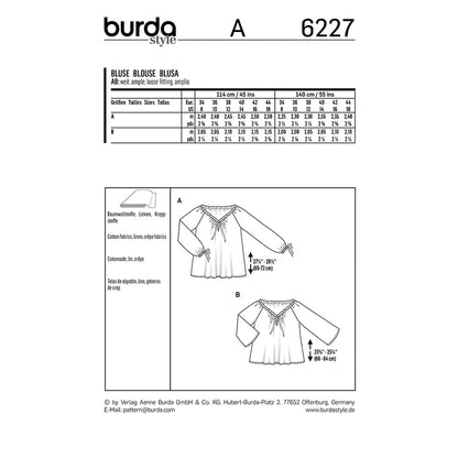 BURDA Sewing Pattern Carmen Blouse Drawstring Neck 6227 Paper Pattern