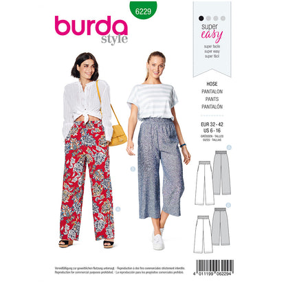 BURDA Sewing Pattern Pull‑On Trousers Elastic Waist 6229 Paper Pattern