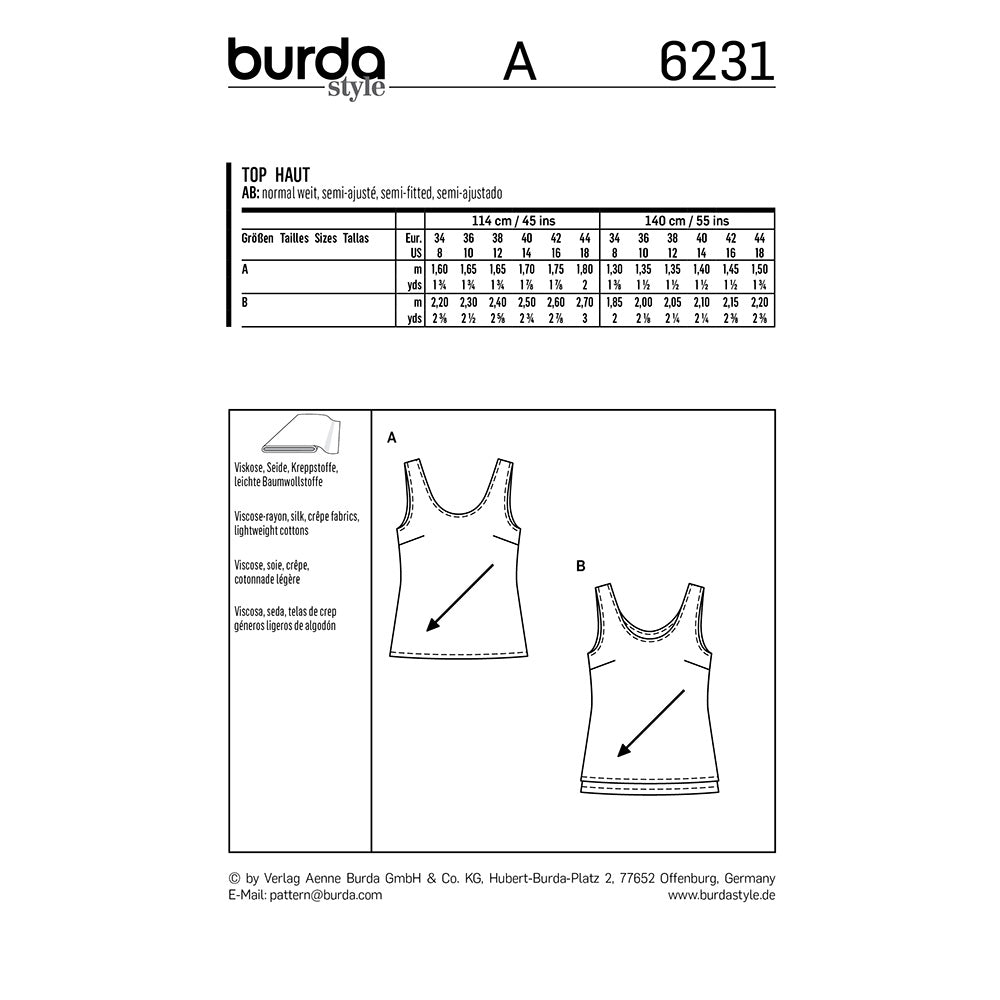 BURDA Sewing Pattern Tops Rounded Neckline 6231 Paper Pattern