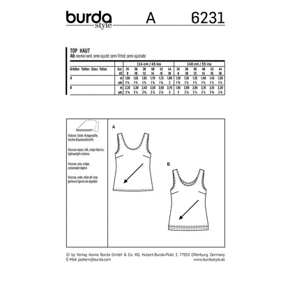 BURDA Sewing Pattern Tops Rounded Neckline 6231 Paper Pattern