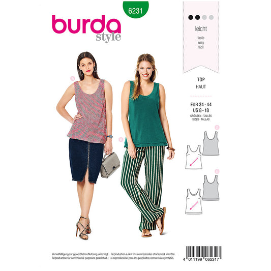 BURDA Sewing Pattern Tops Rounded Neckline 6231 Paper Pattern