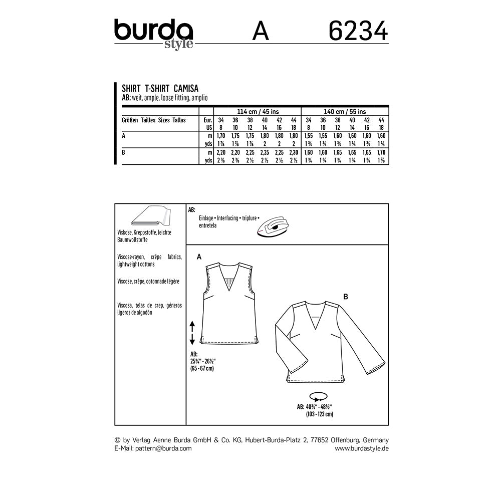 BURDA Sewing Pattern V‑Neck Tops With Variations 6234 Paper Pattern