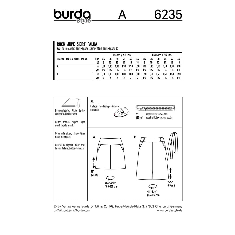 BURDA Sewing Pattern Skirt With Yoke Two Lengths 6235 Paper Pattern