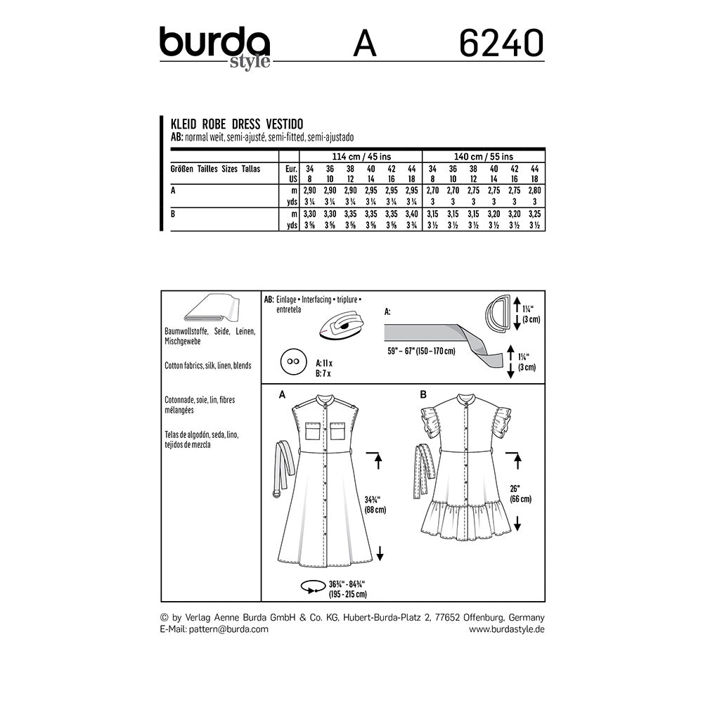 BURDA Sewing Pattern Button‑Front Dress Stand Collar 6240 Paper Pattern